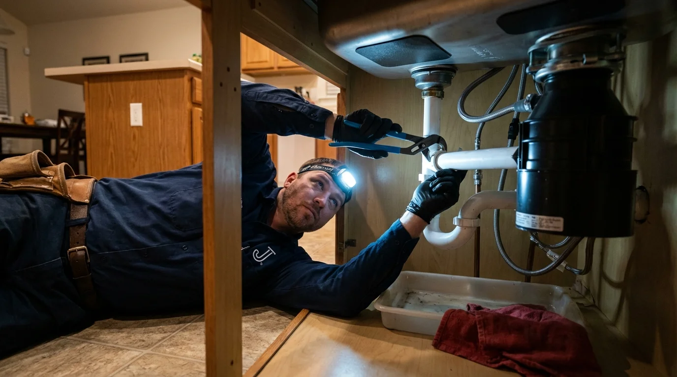 P-trap and supply line connections under a kitchen sink showing a common leak point in Ruleville, MS